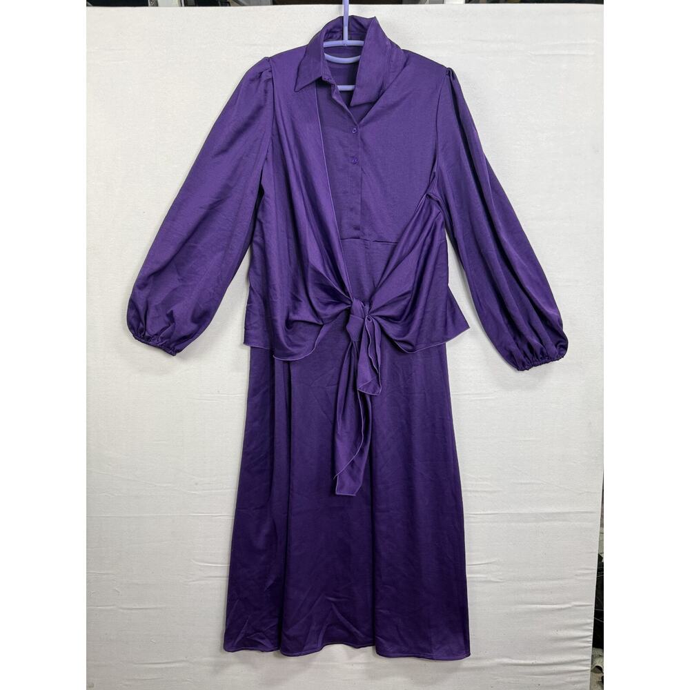 Shein Shirt Dress Women's 8/10 Purple Classic Puff Sleeve Tie Front Collared